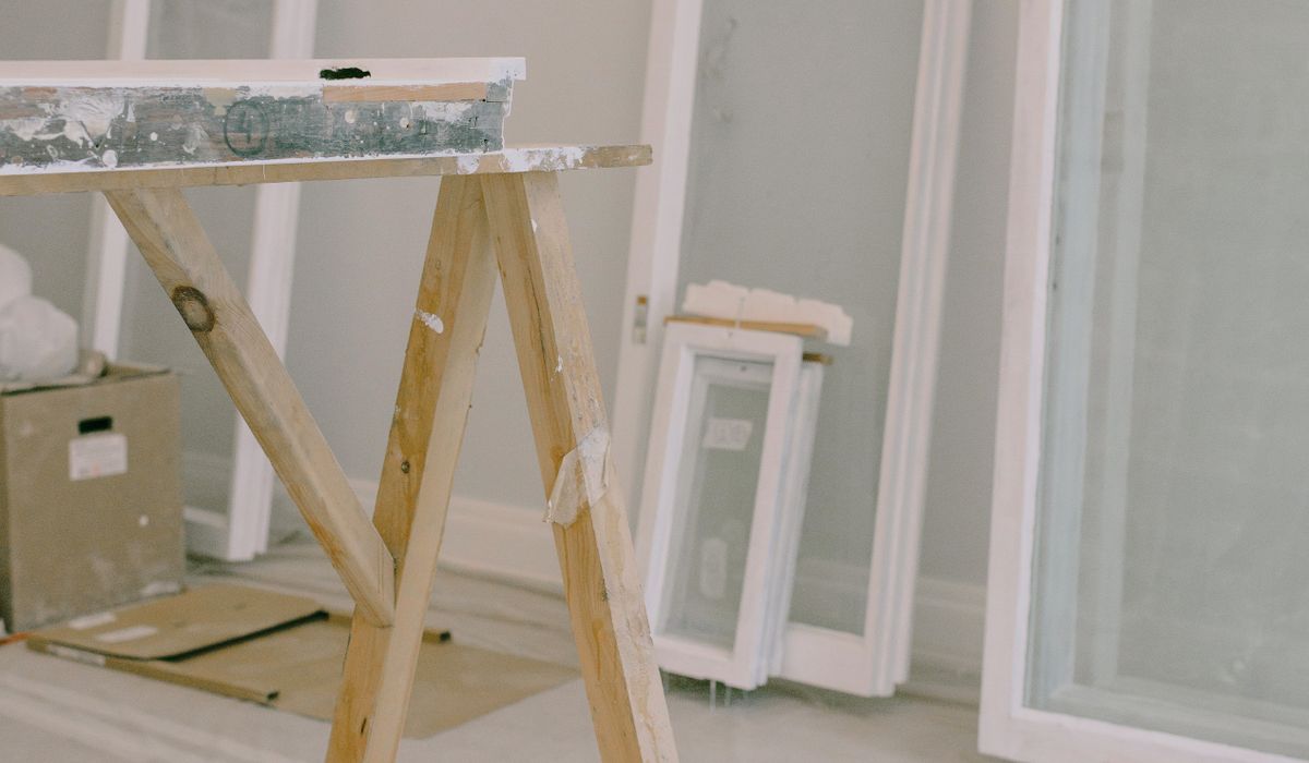 Work room staged with window frames prepped for installation